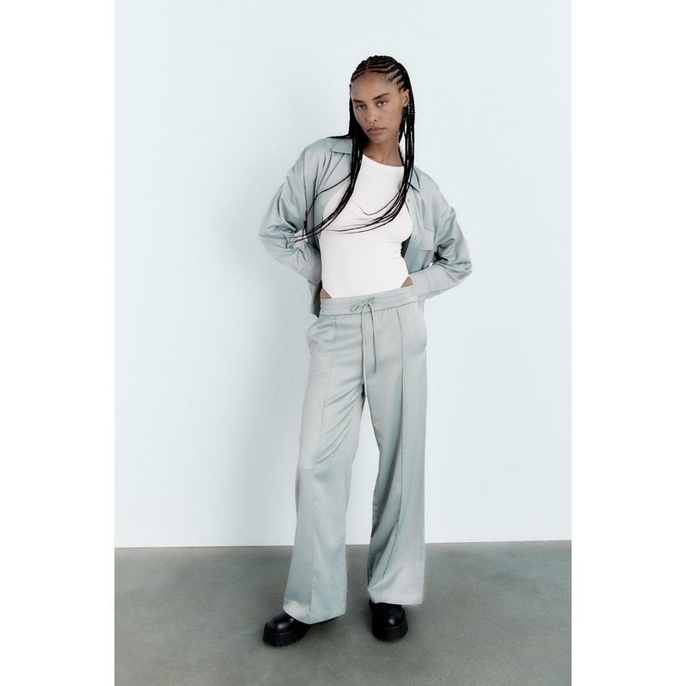 Zara Blue‎ Grey Satin Effect Full-Length Pants Trousers sz XS